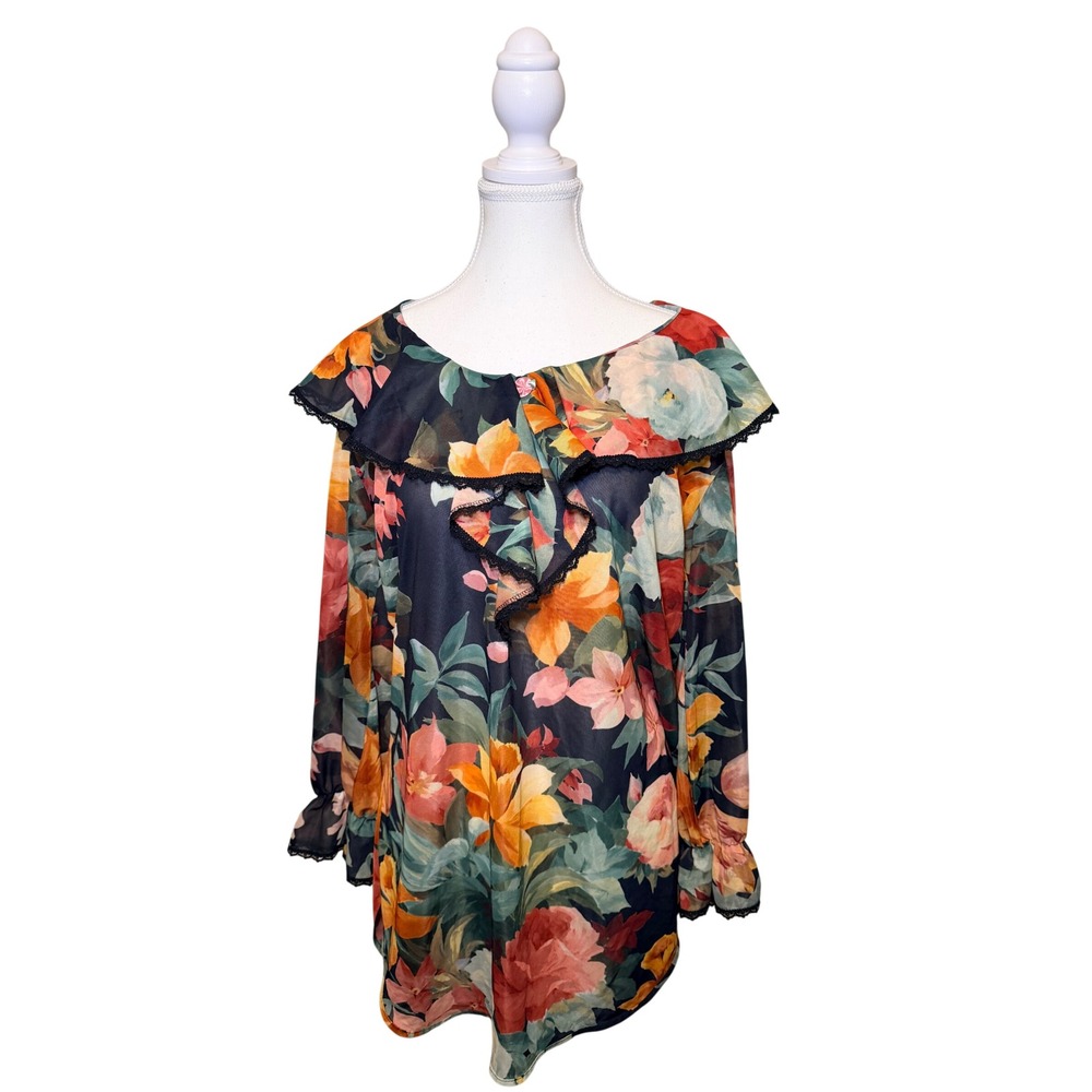 Sheer Floral Hi Low Blouse Lace Trim Long Sleeve M